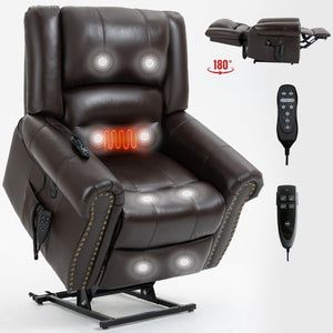 English Elm Power Lift Recliner with Dual Motor Heat Massage Faux Leather Chair for Living Room W1803S00016