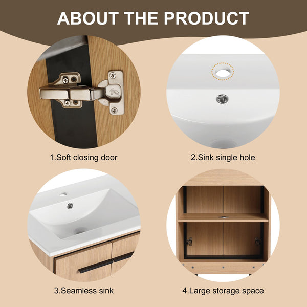 English Elm 24 Inch Oak Bathroom Vanity Base with Basin — Engineered Wood, Double-Door Storage, Minimalist Chic W1972S00003