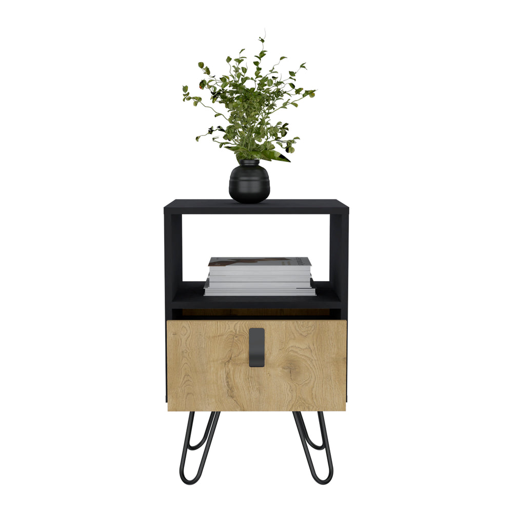 English Elm Huna Multicolor Nightstand with Hairpin Legs, Open Shelf & Spacious Drawer for Bedroom Storage B200P173218