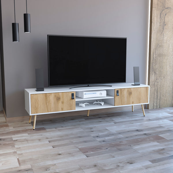 English Elm Huna Engineered Wood TV Stand Dual-Tone with Hinged Drawers, Open Shelves, Cable Management, 71" Top B070P173202
