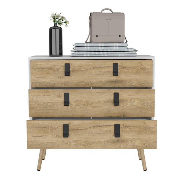 English Elm Huna Modern 3-Drawer Dresser with Sleek Metal Handles, Multicolor Engineered Wood, Elevated Legs B070P173204