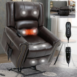 English Elm Power Lift Recliner with Dual Motor Heat Massage Faux Leather Chair for Living Room W1803S00016