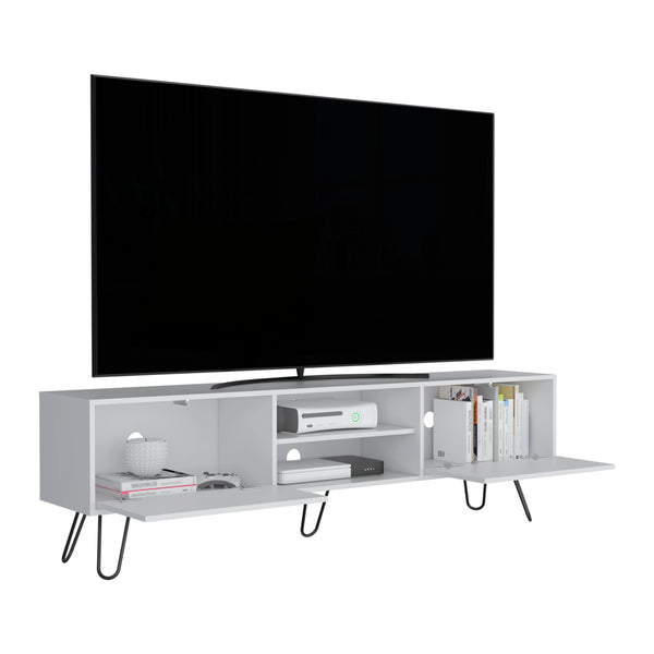 English Elm Vassel TV Stand with Hinged Drawers and Open Shelves, Mid-Century Hairpin Legs, 55" Capacity White 75.5 L x 18.8 W x 4.7 H B070P173211