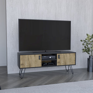 English Elm Huna Dual-Tone TV Stand with Hairpin Legs, 47.6" Top, 2 Doors & Open Shelves, Cable Management B200P173203