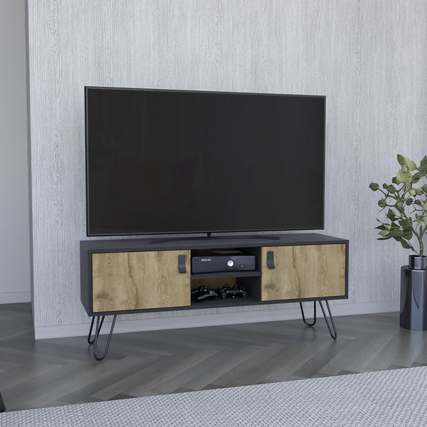 English Elm Huna Dual-Tone TV Stand with Hairpin Legs, 47.6" Top, 2 Doors & Open Shelves, Cable Management B200P173203