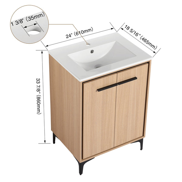 English Elm 24 Inch Oak Bathroom Vanity Base with Basin — Engineered Wood, Double-Door Storage, Minimalist Chic W1972S00003