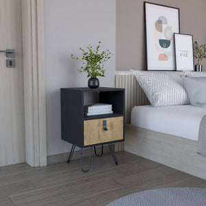 English Elm Huna Multicolor Nightstand with Hairpin Legs, Open Shelf & Spacious Drawer for Bedroom Storage B200P173218