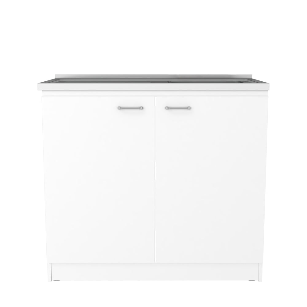English Elm Napoles Utility Sink With Double Door Cabinet & Shelf - Modern White Finish For Home Organization B070S00144