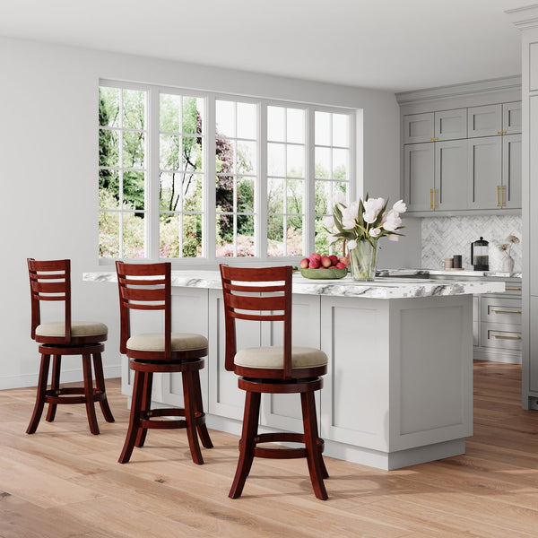 English Elm 24" Counter Height Swivel Stool - Elegant Cherry Finish, Plush Beige Seat, Perfect For Any Space B04660684