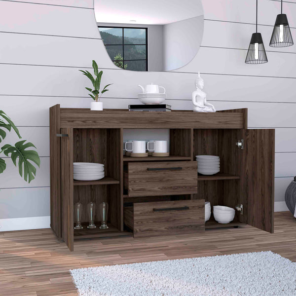 English Elm Lyon Dark Walnut Sideboard with Two Drawers, Double Doors & Open Shelf – 49.5" Superior Top Storage B070S00053