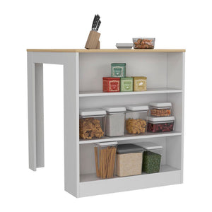 English Elm Tanna Modern Kitchen Counter Dining Table with Two Legs, Three Open Shelves, White & Light Oak Finish B200S00080