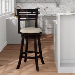 English Elm 30" 4-Slat Back Swivel Stool, Espresso Finish with Beige Padded Fabric Seat, Hardwood Frame Elegance B04660689