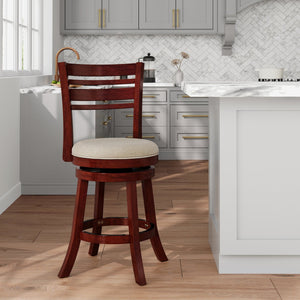 English Elm 24" Counter Height Swivel Stool - Elegant Cherry Finish, Plush Beige Seat, Perfect For Any Space B04660684