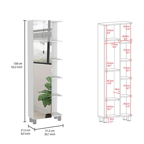 English Elm Urano Mirrored Linen Cabinet 62" Tall White Particle Board with 4 Exterior & 3 Adjustable Interior Shelves B07091993