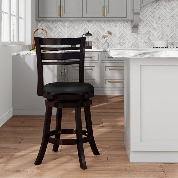 English Elm 24" Counter Height Slat Back Swivel Stool - Elegant Espresso Finish With Luxurious Black Leather Seat B04660680
