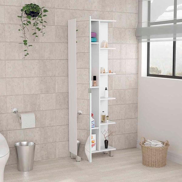 English Elm Urano Mirrored Linen Cabinet 62" Tall White Particle Board with 4 Exterior & 3 Adjustable Interior Shelves B07091993