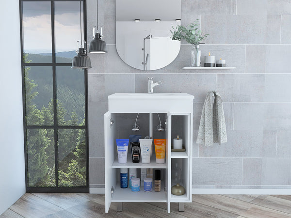 English Elm 24" Meka Vanity White – 24" Free-Standing Resin Sink, Raised Legs, Double Door Cabinet & Open Shelves B200S00018