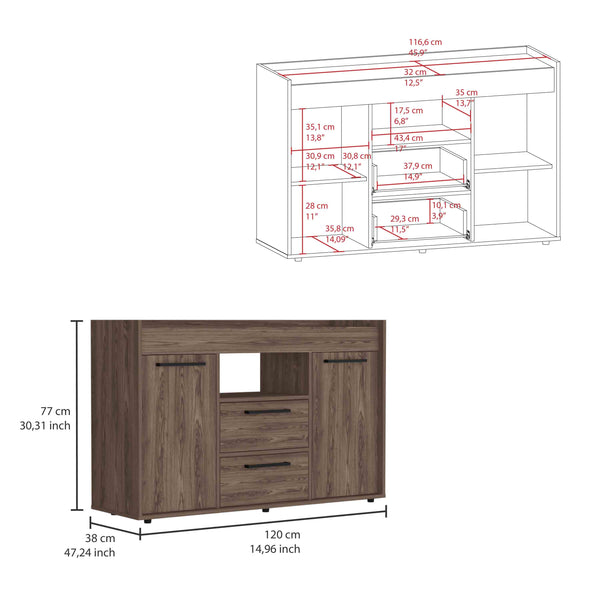 English Elm Lyon Dark Walnut Sideboard with Two Drawers, Double Doors & Open Shelf – 49.5" Superior Top Storage B070S00053