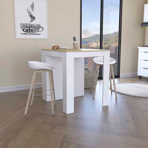 English Elm Tanna Modern Kitchen Counter Dining Table with Two Legs, Three Open Shelves, White & Light Oak Finish B200S00080