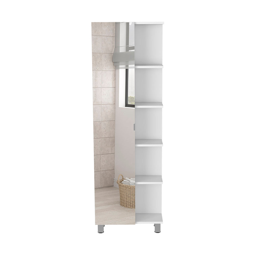 English Elm Urano Linen Storage Cabinet with Mirrored Door, Five Open Shelves & Adjustable Interior for Small Spaces White 63.7 L x 15.7 W x 6.3 H B20091993