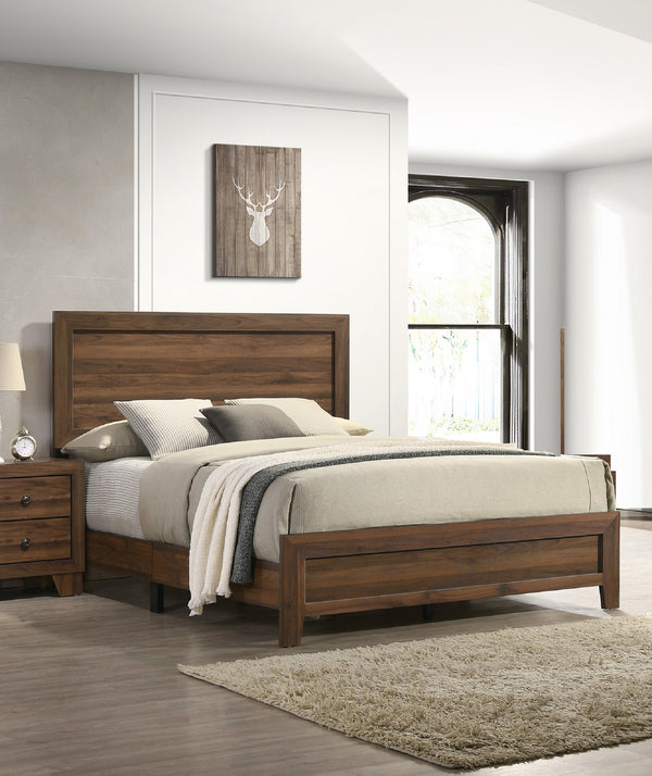 English Elm Brown Cherry Finish Fabric Queen Panel Bed Modern Wooden Platform Frame Durable Contemporary Design Brown 60.2 L x 27.95 W x 5.51 H B011P174708