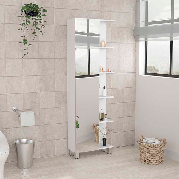 English Elm Urano Linen Storage Cabinet with Mirrored Door, Five Open Shelves & Adjustable Interior for Small Spaces White 63.7 L x 15.7 W x 6.3 H B20091993