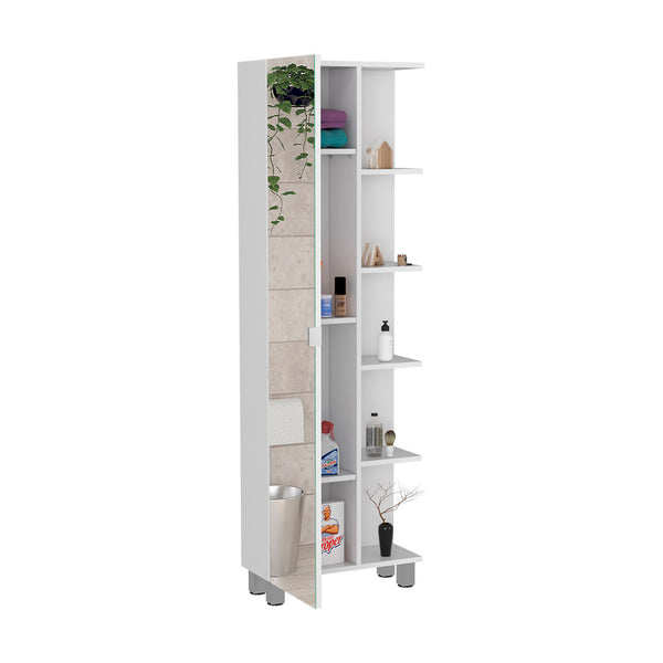 English Elm Urano Linen Storage Cabinet with Mirrored Door, Five Open Shelves & Adjustable Interior for Small Spaces White 63.7 L x 15.7 W x 6.3 H B20091993