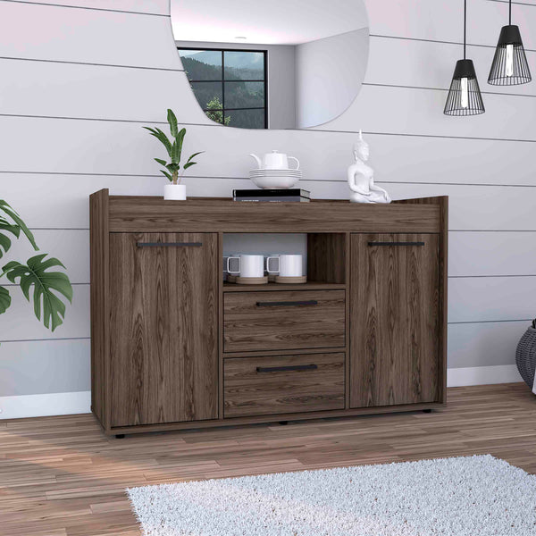English Elm Lyon Dark Walnut Sideboard with Two Drawers, Double Door Cabinets, Open Shelf, 49.5" Top Appeal B200S00053