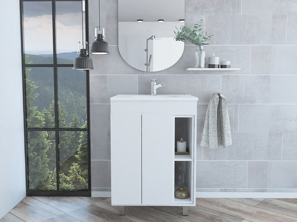 English Elm 24" Meka Vanity White – 24" Free-Standing Resin Sink, Raised Legs, Double Door Cabinet & Open Shelves B200S00018