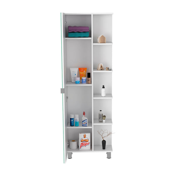 English Elm Urano Linen Storage Cabinet with Mirrored Door, Five Open Shelves & Adjustable Interior for Small Spaces White 63.7 L x 15.7 W x 6.3 H B20091993