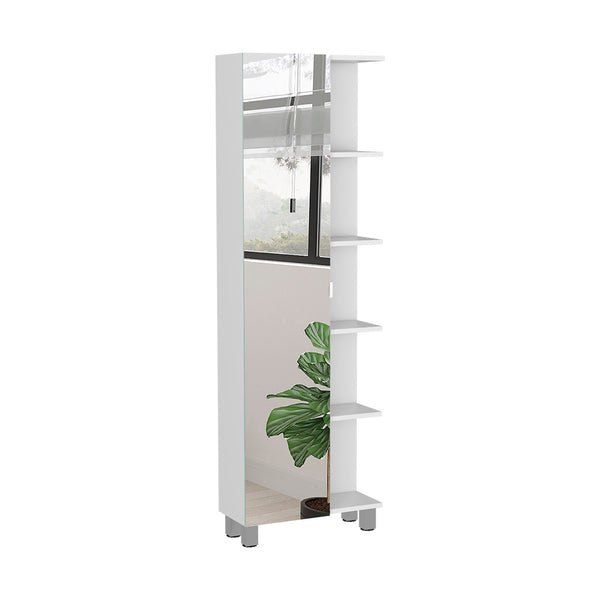 English Elm Urano Linen Storage Cabinet with Mirrored Door, Five Open Shelves & Adjustable Interior for Small Spaces White 63.7 L x 15.7 W x 6.3 H B20091993