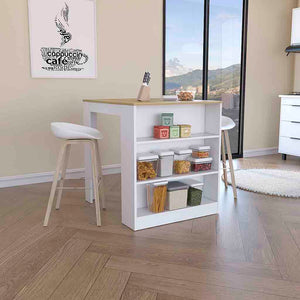 English Elm Tanna Modern Kitchen Counter Dining Table with Two Legs, Three Open Shelves for Storage Display - White/Light Oak B070S00080
