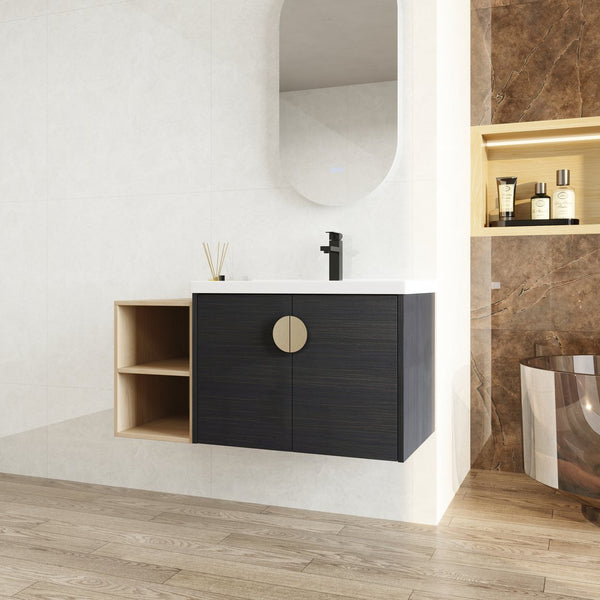English Elm 40 Inch Wall-Mounted Vanity with Ceramic Sink, Soft-Close Double Doors, Metal Handles & Shelf Storage W999S00148