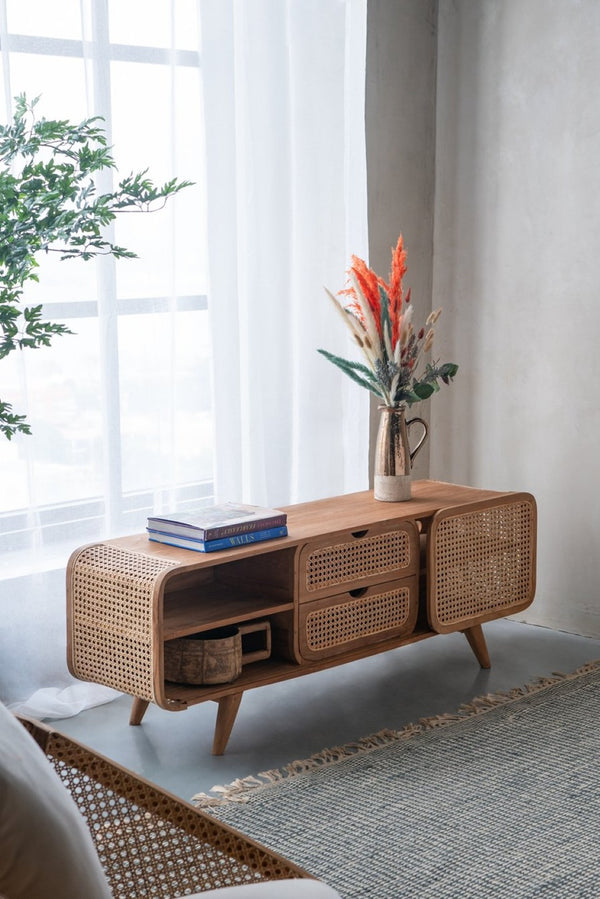 English Elm 59x15x20" Solid Teak Media Cabinet with Woven Cane Doors for Living or Dining Rooms W2078P174835