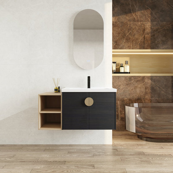 English Elm 40 Inch Wall-Mounted Vanity with Ceramic Sink, Soft-Close Double Doors, Metal Handles & Shelf Storage W999S00148