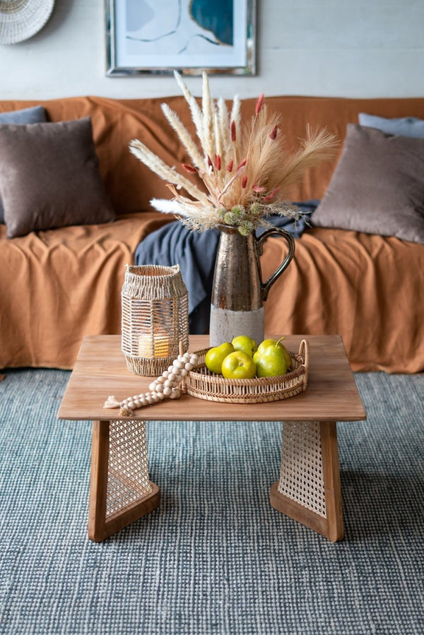 English Elm 27.6x27.6x13.8" Teak and Rattan Square Coffee Table for Bohemian or Coastal Living Rooms W2078P174867
