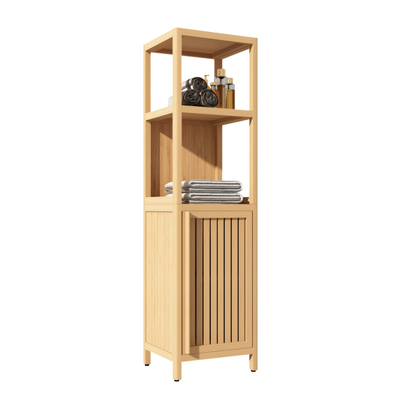 English Elm Large bamboo storage cabinet tower with slim footprint, wall-mountable linen organizer for small bathrooms and living spaces Natural W2207P147165