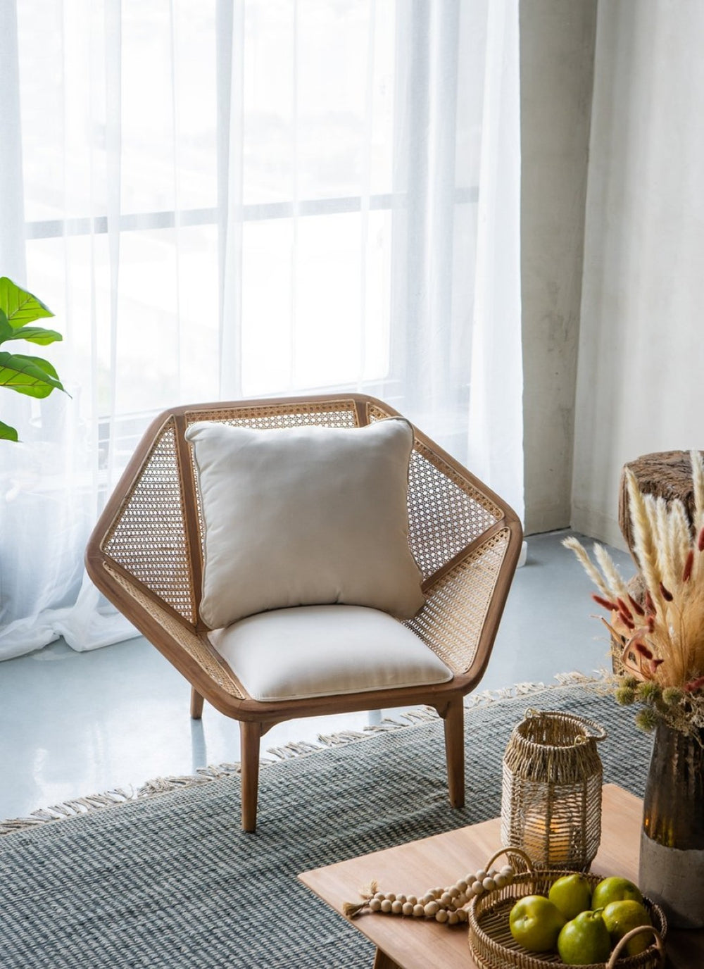 English Elm 41x32x29.5" Tectona Solid Teak Leisure Chair with Rattan Cane Back Organic Modern W2078P174833