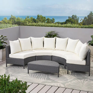 English Elm Christopher Knight Home® - PT Limon 5PCS Sofa Set - Weather-Resistant PE Rattan Half-Circle Lounge with Removable Cushions and Sturdy Iron Frame Grey+White PTLIMON5PCSGRY