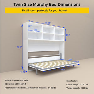English Elm Mordern Twin Wall Bed Horizontal Murphy with Integrated Shelf White Space Saving W650S00004