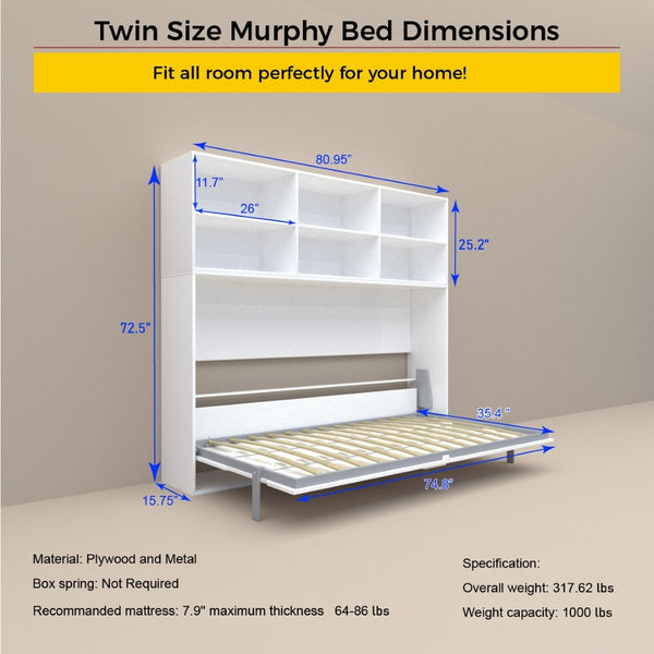 English Elm Mordern Twin Wall Bed Horizontal Murphy with Integrated Shelf White Space Saving W650S00004