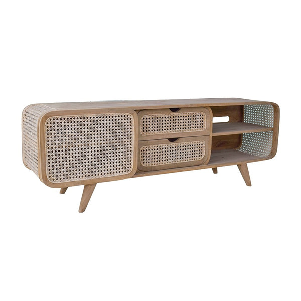 English Elm 59x15x20" Solid Teak Media Cabinet with Woven Cane Doors for Living or Dining Rooms W2078P174835