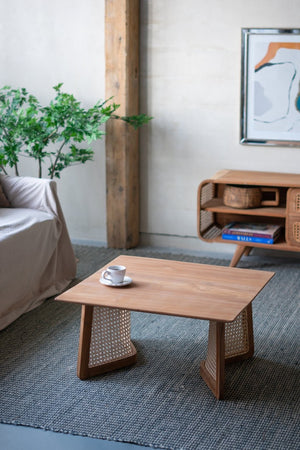 English Elm 27.6x27.6x13.8" Teak and Rattan Square Coffee Table for Bohemian or Coastal Living Rooms W2078P174867