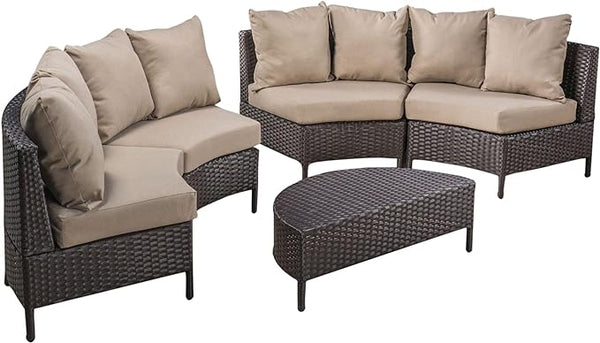 English Elm Christopher Knight Home® - PT Limon 5PCS Sofa Set - Weather-Resistant PE Rattan Half-Circle Lounge with Removable Cushions and Sturdy Iron Frame Brown+Beige PTLIMON5PCS