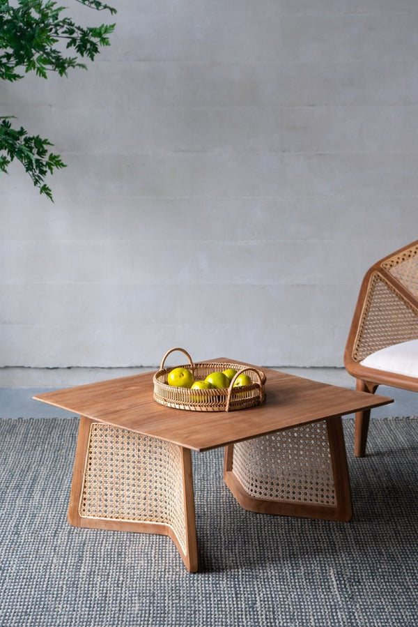 English Elm 27.6x27.6x13.8" Teak and Rattan Square Coffee Table for Bohemian or Coastal Living Rooms W2078P174867