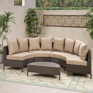 English Elm Christopher Knight Home® - PT Limon 5PCS Sofa Set - Weather-Resistant PE Rattan Half-Circle Lounge with Removable Cushions and Sturdy Iron Frame Brown+Beige PTLIMON5PCS