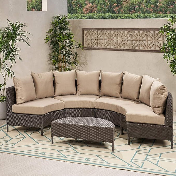 English Elm Christopher Knight Home® - PT Limon 5PCS Sofa Set - Weather-Resistant PE Rattan Half-Circle Lounge with Removable Cushions and Sturdy Iron Frame Brown+Beige PTLIMON5PCS