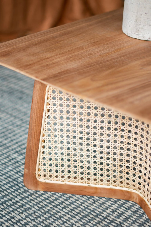 English Elm 27.6x27.6x13.8" Teak and Rattan Square Coffee Table for Bohemian or Coastal Living Rooms W2078P174867