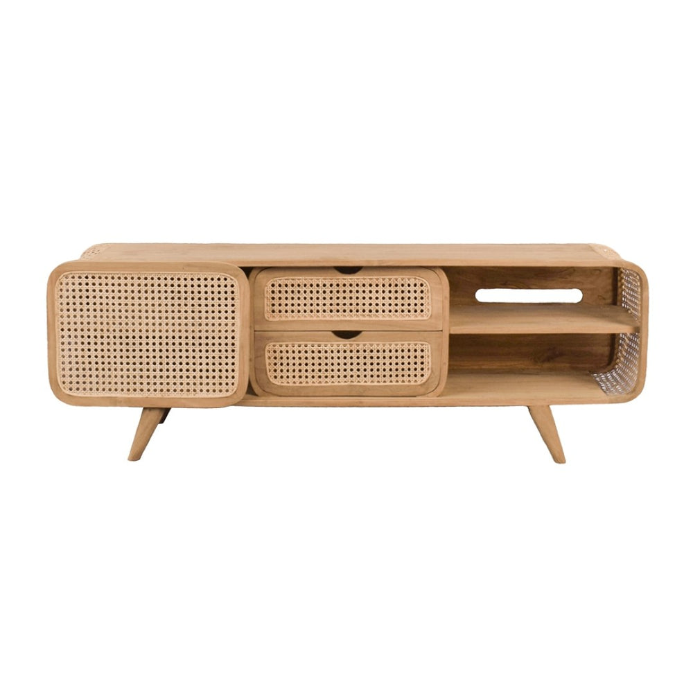 English Elm 59x15x20" Solid Teak Media Cabinet with Woven Cane Doors for Living or Dining Rooms W2078P174835