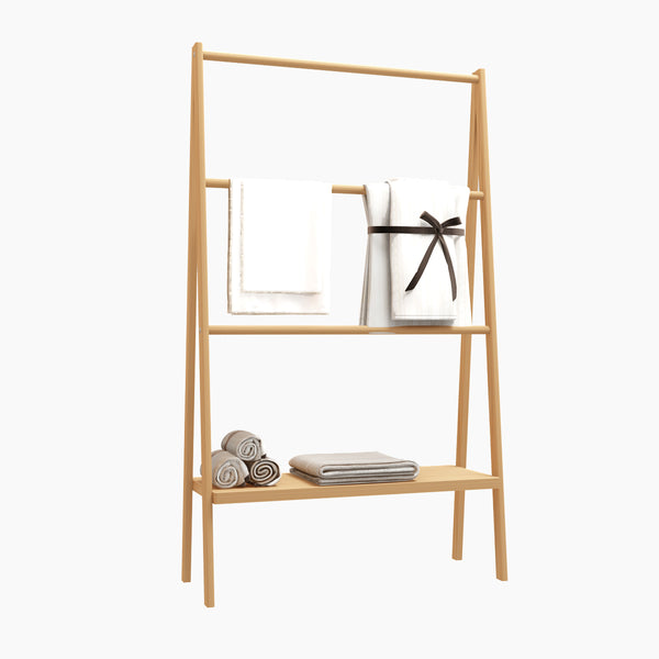 English Elm Bamboo Freestanding Towel Ladder with Bottom Shelf – Beach & Poolside Storage, Lightweight Eco-Friendly Elegance W2207P147173